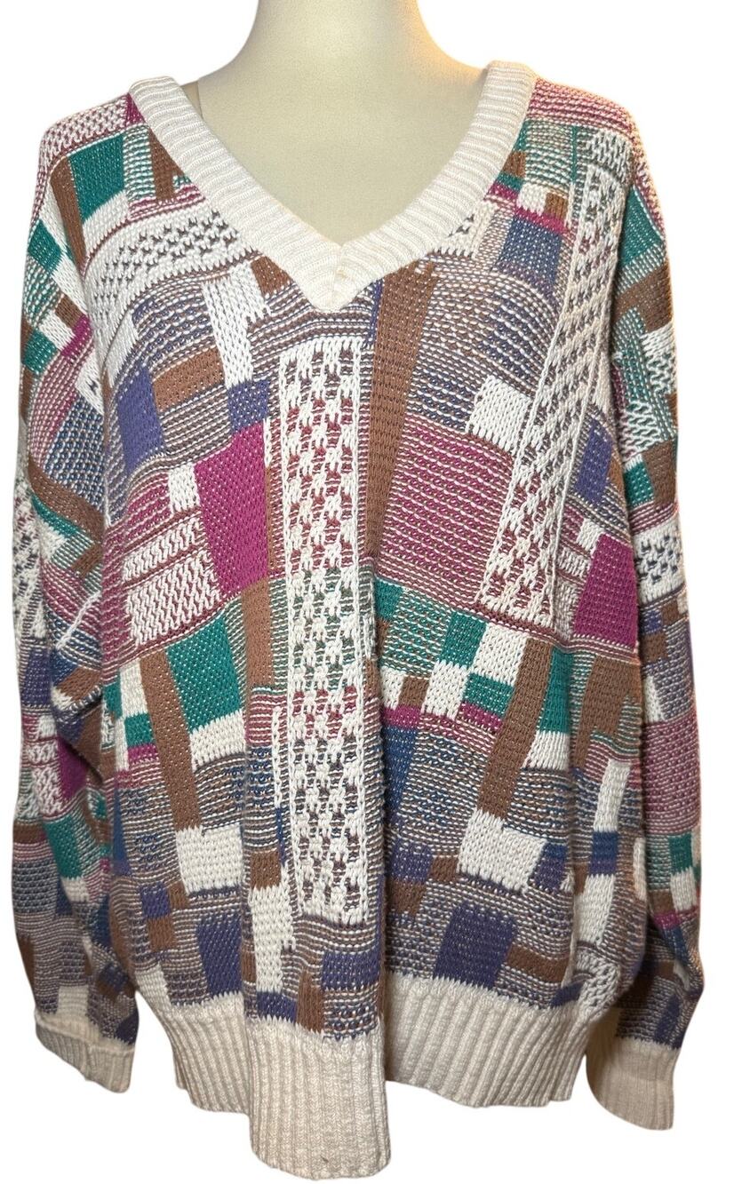 London Fog Vintage Patchwork Knit Grandpa Sweater, 90s Coogi Style, Men's Large